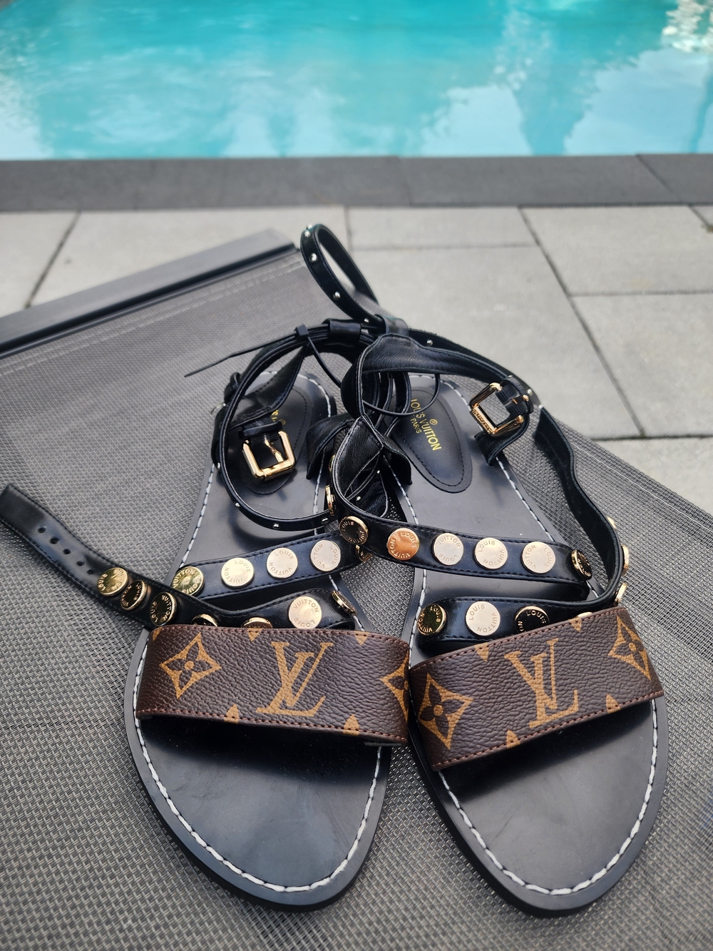 Louis Vuitton - Black and Brown Monogram Sandals
